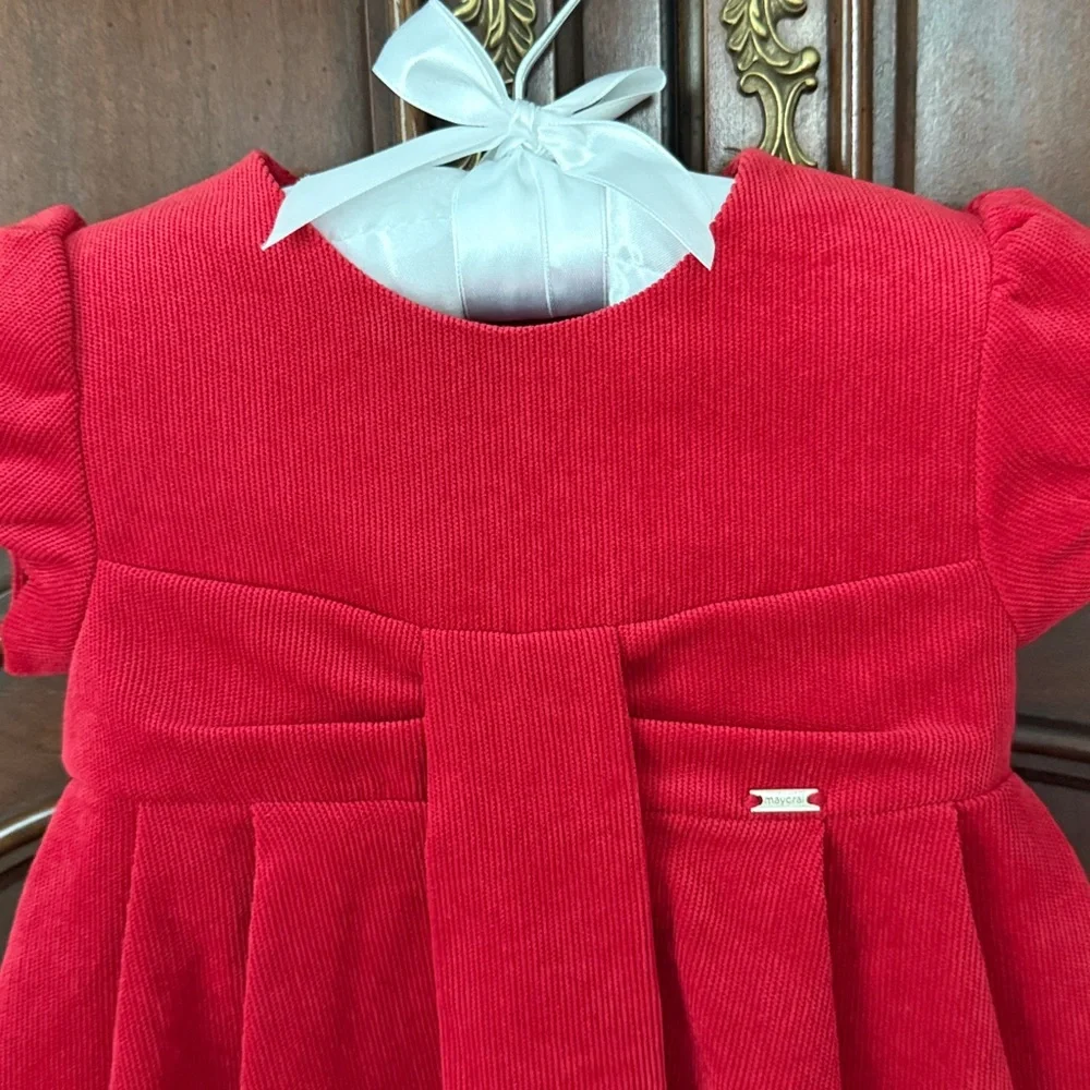 Mayoral Baby Girl 9M Red Corduroy Christmas Holiday Dress Spain Puff Sleeve